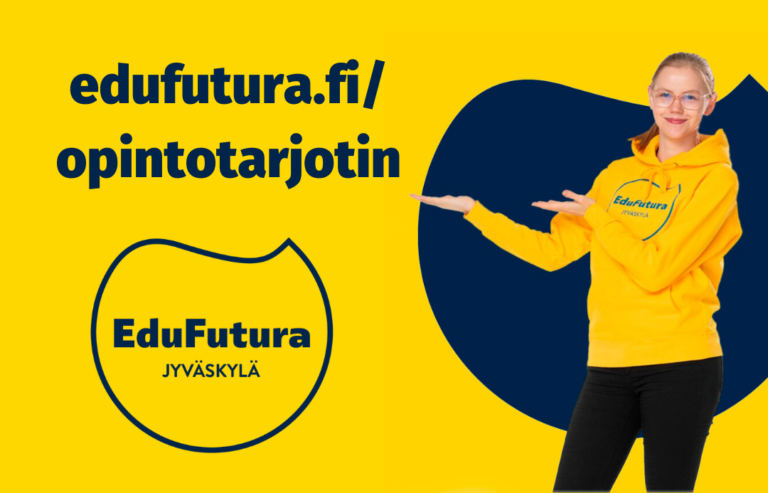 Opintotarjottimen mainoskuva, tyttö osoittaa tekstiä, jossa lukee edufutura.fi/opintotarjotin.
